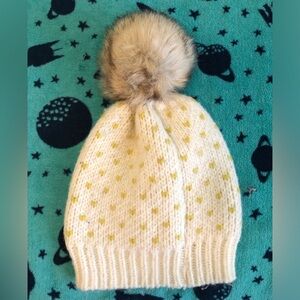 eerie off white and yellow beanie with pompom one size fits most